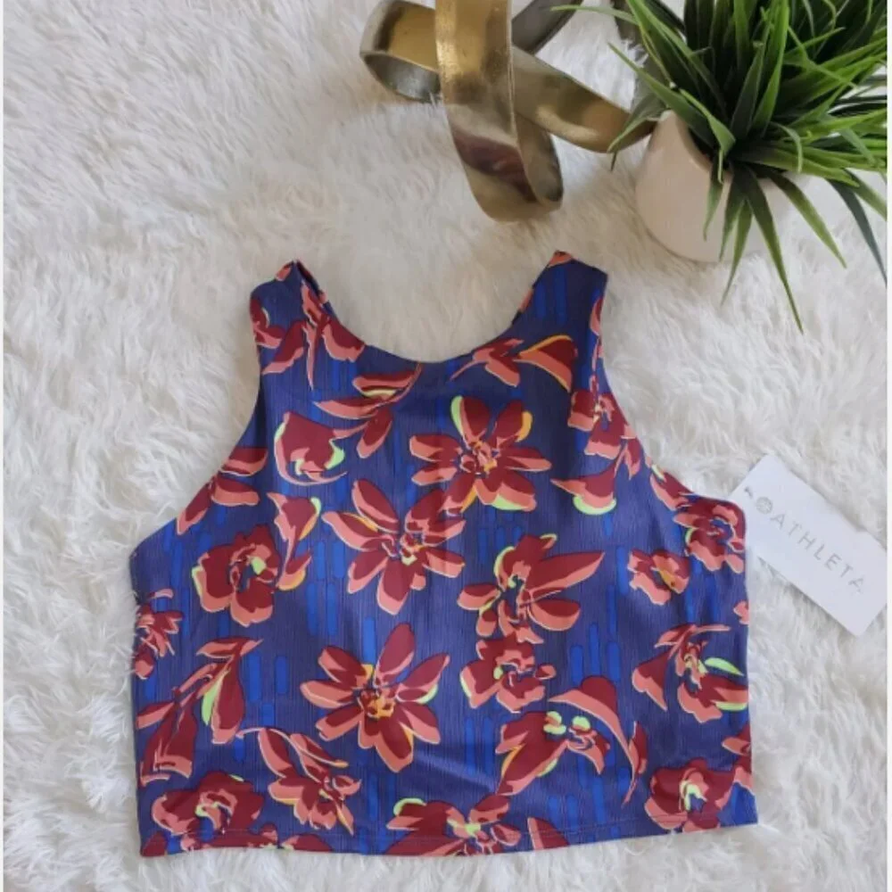 ATHLETA Conscious Crop YOGA Top Bra Bralette Blue Floral Print BUTTERY SOFT $64